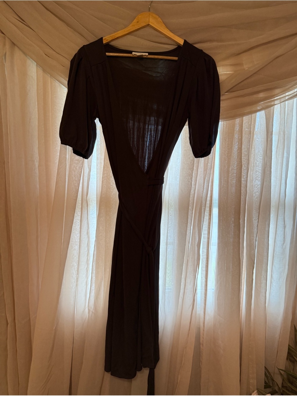 LOFT Brown Maxi Wrap Dress with Puff Sleeves